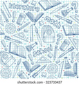 Vector school supplies pattern, hand drawn blue repeatable graphic school background doodle style, EPS 10