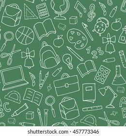 Vector school supplies seamless pattern. Backpack, ruler, pen, pencil, bulb, laptop, apple, magnifier, compass icons.
