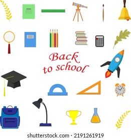 Vector school supplies set with school bag, pencil, ruler, flask, telescope, notebook etc.Back to school. Flat style illustration.