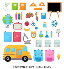 Vector school supplies set with school bags, pencil, ruler, globe, flasks, microscope, notebook etc. Back to school. Flat cartoon style illustration.