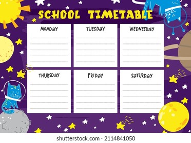 Vector school timetable with cartoon style space and cute elements. Schedule design template.