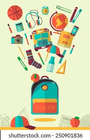 Vector school workspace illustration. Education and school icons set. Flat style, long shadows. High school object, college items. Back to school. Creative banner, card with flying teenager objects. 