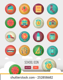 Vector school workspace. Three dimensional education and school icons set. Flat style, long shadows. High school object, college items. Back to school. Creative button with  teenager objects. 