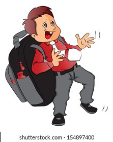 Vector of schoolboy struggling to carry heavy and oversized schoolbag.