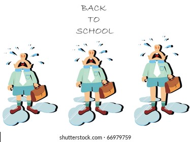 Vector Schoolboy Waiting for Bus Standing Carrying his Bag Crying his Tears made  Spot on the Ground Comical character Different Height Tall Average Short He Hates Dislike School Funny