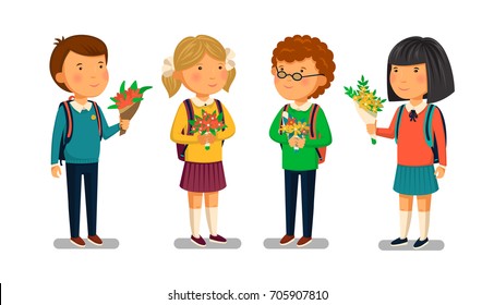 Vector Schoolboys and schoolgirls isolated on white. Welcome to school banner. Happy Boys and girls with backpacks holding bouquets of flowers for their teacher. Elementary school students. Flat
