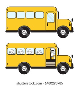 Vector schoolbus with children and empty. Closed and opened door with driver