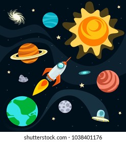 Vector Science Astronomy Cartoon Outer Space Object Item Stuff Fun Flat Collection Set Pack With Earth Jet Rocket Moon Planet Saturn Sun Galaxy Star And Alien Ufo Meteor Doodle Drawing Illustration