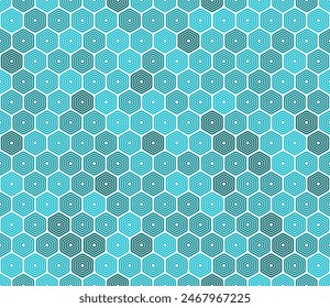 Vector science background. Bold rounded stacked hexagons mosaic pattern. Blue color tones. Hexagon cells. Seamless pattern. Tileable vector illustration.