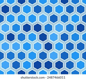 Vector science background. Hexagon mosaic pattern with inner solid cells. Blue color tones. Hexagonal cells. Seamless pattern. Tileable vector illustration.