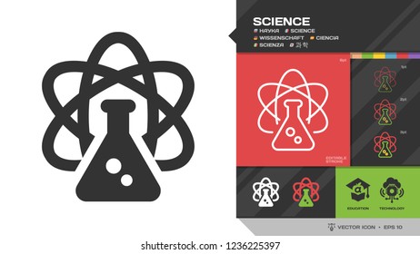Vector science black glyph silhouette and editable stroke thin outline single icon with conical flask or lab beaker and atom energy nuclear symbol.