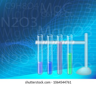 Vector. Science, chemistry in medicine, beaters on a scientific background with chemical formulas, experiments on chemistry, genetics, 3D grid and realistic illustration.