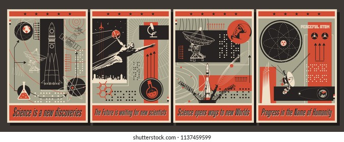 Vector Science And Education Poster Set Vintage Stylization