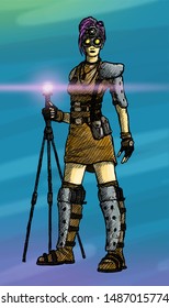 Vector science fiction woman character in fictional armored apparel and glasses holding the tripod