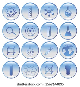 Vector science icon set in blue colours. Collection of chemical or medical icons for web-design, apps, pc games, printing.
