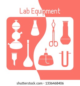 Vector science illustration with flasks, burner, funnel, tools. Laboratory equipment. Education elements. Chemistry, biology, medicine.