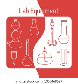 Vector science illustration with flasks, burner, funnel, tools. Laboratory equipment. Education elements. Chemistry, biology, medicine.