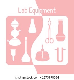 Vector science illustration with flasks, burner, funnel, tools. Laboratory equipment. Education elements. Chemistry, biology, medicine.