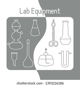 Vector science illustration with flasks, burner, funnel, tools. Laboratory equipment. Education elements. Chemistry, biology, medicine.
