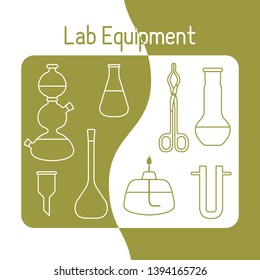 Vector science illustration with flasks, burner, funnel, tools. Laboratory equipment. Education elements. Chemistry, biology, medicine.