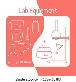 Vector science illustration with flasks, equipment stand, burner, tools. Laboratory equipment. Education elements. Chemistry, biology, medicine.