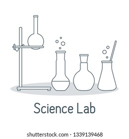 Vector science illustration with flasks, equipment stand. Laboratory equipment. Education elements. Chemistry, biology, medicine.