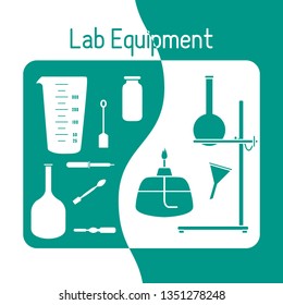 Vector science illustration with flasks, equipment stand, burner, tools. Laboratory equipment. Education elements. Chemistry, biology, medicine.