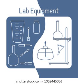 Vector science illustration with flasks, equipment stand, burner, tools. Laboratory equipment. Education elements. Chemistry, biology, medicine.