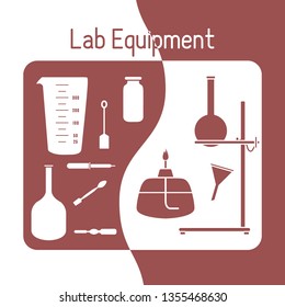 Vector science illustration with flasks, equipment stand, burner, tools. Laboratory equipment. Education elements. Chemistry, biology, medicine.