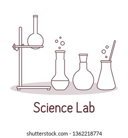 Vector science illustration with flasks, equipment stand. Laboratory equipment. Education elements. Chemistry, biology, medicine.
