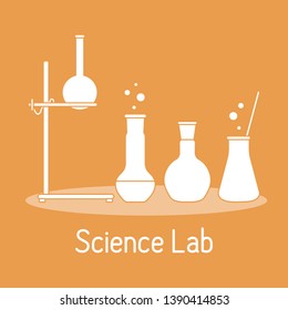 Vector science illustration with flasks, equipment stand. Laboratory equipment. Education elements. Chemistry, biology, medicine.