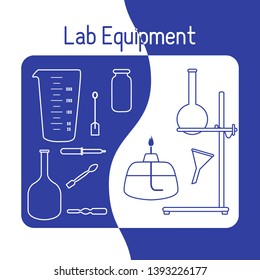 Vector science illustration with flasks, equipment stand, burner, tools. Laboratory equipment. Education elements. Chemistry, biology, medicine.