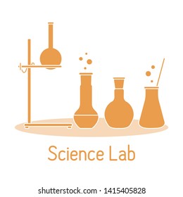 Vector science illustration with flasks, equipment stand. Laboratory equipment. Education elements. Chemistry, biology, medicine.