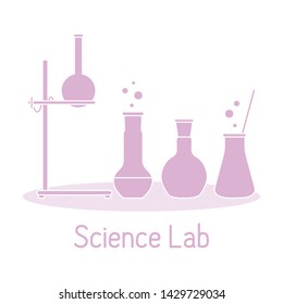 Vector science illustration with flasks, equipment stand. Laboratory equipment. Education elements. Chemistry, biology, medicine.