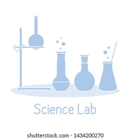 Vector science illustration with flasks, equipment stand. Laboratory equipment. Education elements. Chemistry, biology, medicine.