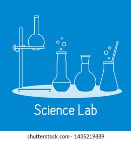 Vector science illustration with flasks, equipment stand. Laboratory equipment. Education elements. Chemistry, biology, medicine.