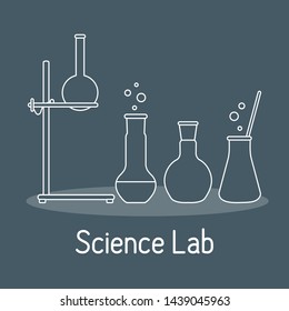 Vector science illustration with flasks, equipment stand. Laboratory equipment. Education elements. Chemistry, biology, medicine.
