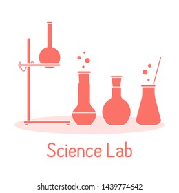 Vector science illustration with flasks, equipment stand. Laboratory equipment. Education elements. Chemistry, biology, medicine.