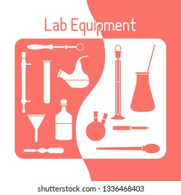 Vector science illustration with flasks, test tubes, funnel, tools. Laboratory equipment. Education elements. Chemistry, biology, medicine.