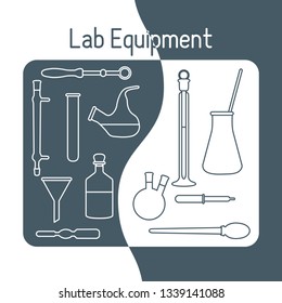 Vector science illustration with flasks, test tubes, funnel, tools. Laboratory equipment. Education elements. Chemistry, biology, medicine.