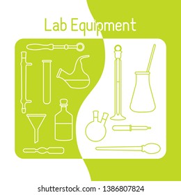 Vector science illustration with flasks, test tubes, funnel, tools. Laboratory equipment. Education elements. Chemistry, biology, medicine.
