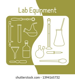 Vector science illustration with flasks, test tubes, funnel, tools. Laboratory equipment. Education elements. Chemistry, biology, medicine.