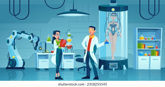 Vector of a science laboratory and assistant and an excited man researcher with lab flask, robotic hand, capsule for experiments 