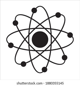 Vector science model of Atom. Around the atom, gamma waves, protons, neutrons and electrons. 
Vector icon of atom molecule on isolated background.
