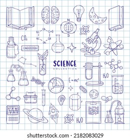 Vector science set. Hand drawing elements by blue ballpen on study notepad. Chemistry, astrology, biology, physic, medicine. Research and education elements. Isolated. Back to school set supples. 