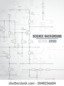 Vector Science And Technology Concept. Electric Circuit - Wiring Radio Scheme. Radio Parts On Background. Abstract Vertical Science Background With Gradient.