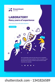 Vector science template with illustration of people with big dna molecule. Laboratory diagnostic service concept with text on blue background. Line art style design for web, mobile site, banner