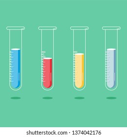 Vector science test tube or flasks icon set. Test tubes with blood, test tube with liquid. Illustration of test tubes in flat and line minimalism style. Healthcare, hospital and medical diagnostics. 