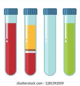 Vector science test tube icon set. Test tubes with blood, plasma, empty flask, test tube with liquid. Illustration of test tubes in flat minimalism style.