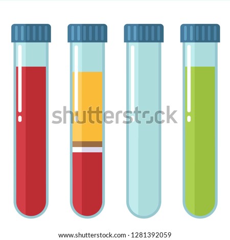 Vector science test tube icon set. Test tubes with blood, plasma, empty flask, test tube with liquid. Illustration of test tubes in flat minimalism style.